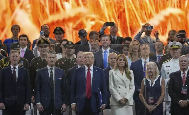 President Donald Trump and first lady Melania Trump attend a military parade commemorating the Army's 250th anniversary, coinciding with his 79th birthday, Saturday, June 14, 2025, in Washington. (AP Photo/Julia Demaree Nikhinson)