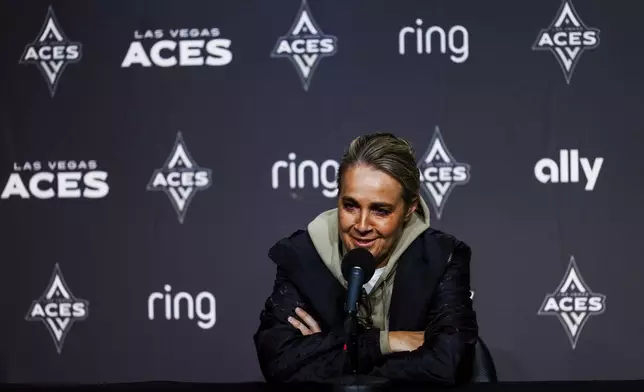 Las Vegas Aces head coach Becky Hammon answers questions during a press conference before a WNBA basketball game against the Golden State Valkyries, Saturday, June 7, 2025, at Chase Center in San Francisco, Calif. (Yalonda M. James/San Francisco Chronicle via AP)
