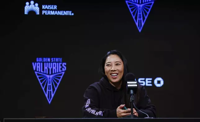 Golden State Valkyries head coach Natalie Nakase answers questions during a press conference before her team's WNBA basketball game against the Las Vegas Aces, where she spent three seasons as an assistant coach, Saturday, June 7, 2025, at Chase Center in San Francisco, Calif. (Yalonda M. James/San Francisco Chronicle via AP)