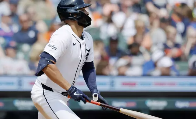 Detroit Tigers' Riley Greene hits a two-RBI singles against the Chicago Cubs during the fifth inning of a baseball game Sunday, June 8, 2025, in Detroit. (AP Photo/Duane Burleson)