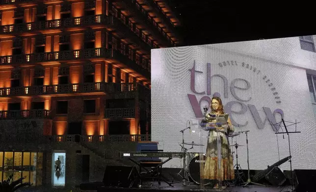 Lebanese Tourism Minister Laura Khazen Lahoud speaks at an event launching the country's tourism season at the St. Georges Hotel in Beirut, Lebanon, May 25, 2025. (AP Photo/Hussein Malla)
