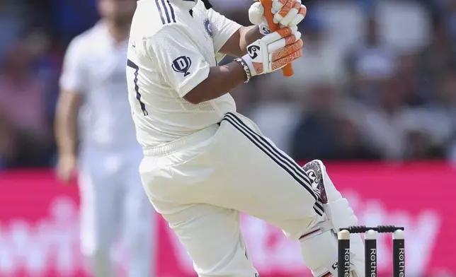 India's Rishabh Pant bats on day two of the first cricket test match between England and India at Headingley in Leeds, England, Saturday, June 21, 2025, (AP Photo/Scott Heppell)