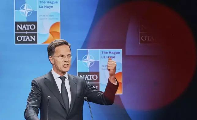 NATO Secretary General Mark Rutte speaks during a media conference in The Hague, Netherlands, Monday, June 23, 2025 ahead of the NATO summit. (AP Photo/Markus Schreiber)