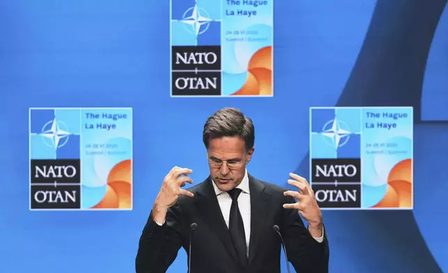 NATO Secretary General Mark Rutte speaks during a media conference in The Hague, Netherlands, Monday, June 23, 2025 ahead of the NATO summit. (AP Photo/Markus Schreiber)