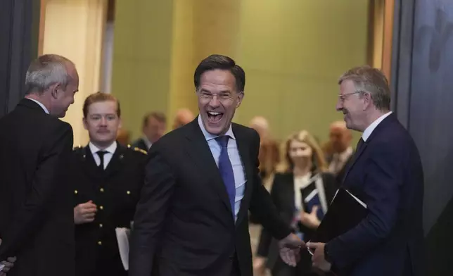 NATO Secretary General Mark Rutte arrives for a meeting of NATO defense ministers at NATO headquarters in Brussels, Thursday, June 5, 2025. (AP Photo/Virginia Mayo)