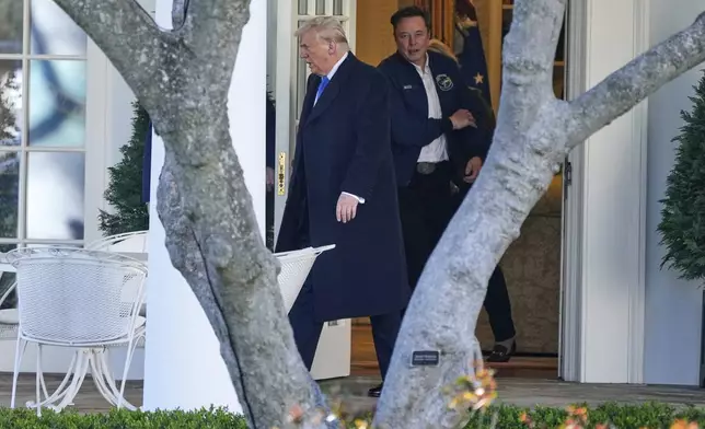 FILE - President Donald Trump, left, and Elon Musk depart the White House to board Marine One en route to New Jersey, March 21, 2025, in Washington. (AP Photo/Mark Schiefelbein, File)