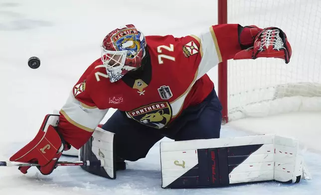 Florida Panthers goalie Sergei Bobrovsky (72) makes a save against the Edmonton Oilers during the third period in Game 6 of the NHL hockey Stanley Cup Final in Sunrise, Fla., Tuesday, June 17, 2025. (Nathan Denette/The Canadian Press via AP)