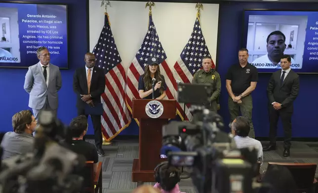 Homeland Security Secretary Kristi Noem holds a news conference regarding the recent protests in Los Angeles on Thursday, June 12, 2025. (AP Photo/Etienne Laurent)