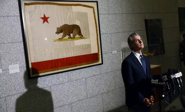 Gov. Gavin Newsom speaks after U.S. District Judge Charles Breyer granted an emergency temporary restraining order to stop President Trump's deployment of the California National Guard, Thursday, June 12, 2025, at the California State Supreme Court building in San Francisco. (Santiago Mejia/San Francisco Chronicle via AP)