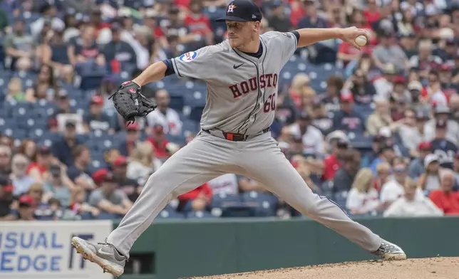 Houston Astros starting pitcher Brandon Walter delivers against the Cleveland Guardians during the first inning of a baseball game, Sunday June 8, 2025, in Cleveland. (AP Photo/Phil Long)