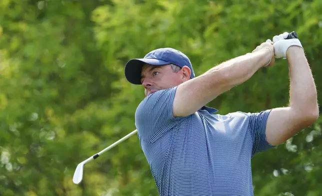 Rory McIlroy watches his ball after a swing during the pro-am at the Canadian Open Golf golf tournament, Wednesday, June 4, 2025, in Caledon, Ontario. (Peter Power/The Canadian Press via AP)