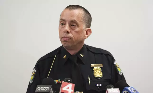 Wayne Police Department Chief Ryan Strong speaks during a news conference about a shooting at CrossPointe Community Church in Wayne, Mich., Sunday, June 22, 2025. (AP Photo/Paul Sancya)