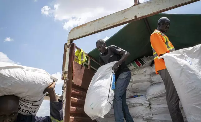 A Fogbow aid plane is loaded at an airport in Juba, South Sudan, on Monday, June 9, 2025, before conducting airdrops of food in the Upper Nile region. (AP Photo/ Florence Mettiaux)