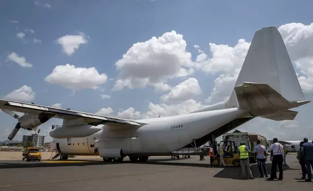 A Fogbow aid plane is loaded at an airport in Juba, South Sudan, on Monday, June 9, 2025, before conducting airdrops of food in the Upper Nile region. (AP Photo/ Florence Mettiaux)