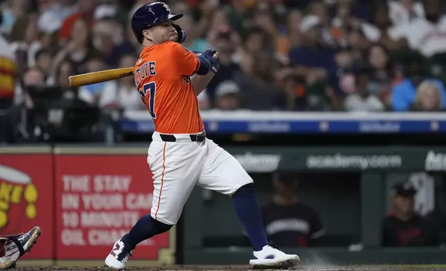 Houston Astros' Jose Altuve hits a two-run double during the second inning of a baseball game against the Minnesota Twins, Friday, June 13, 2025, in Houston. (AP Photo/Kevin M. Cox)