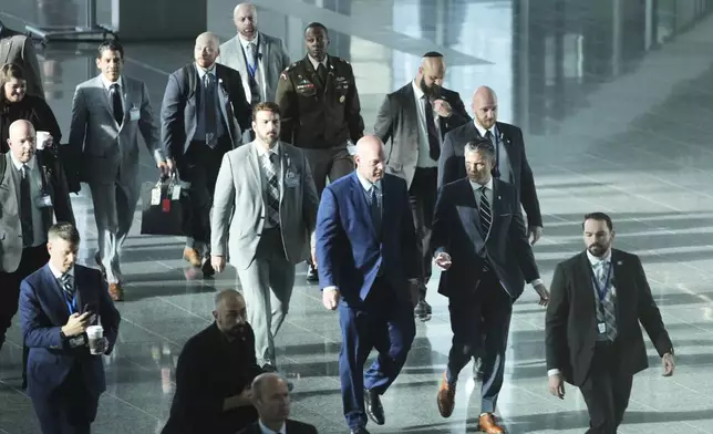 Defense Secretary Pete Hegseth, third right, arrives for a meeting of NATO defense ministers at NATO headquarters in Brussels, Thursday, June 5, 2025. (AP Photo/Virginia Mayo)