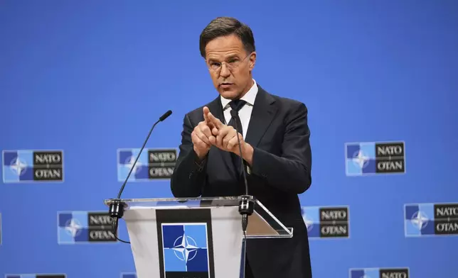 NATO Secretary General Mark Rutte speaks during a media conference prior to a meeting of the Ukraine Defense Contact Group at the NATO headquarters in Brussels, Wednesday, June 4, 2025. (AP Photo/Virginia Mayo)