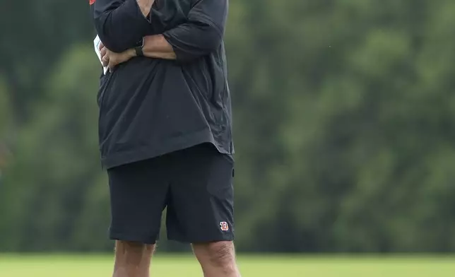 Cincinnati Bengals defensive coordinator Al Golden calls a play during NFL football practice Tuesday, June 3, 2025, in Cincinnati. (AP Photo/Kareem Elgazzar)