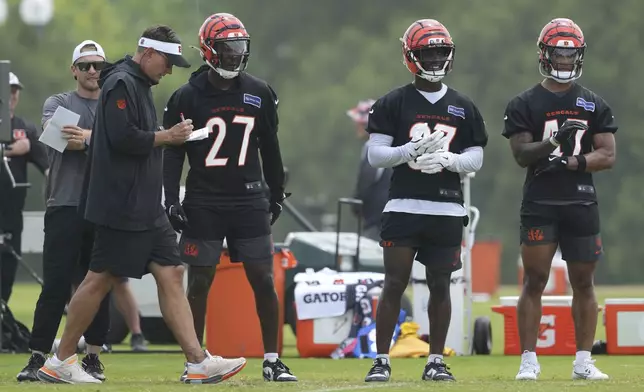 Cincinnati Bengals defensive coordinator Al Golden, second from left, walks along the sideline during NFL football practice Tuesday, June 3, 2025, in Cincinnati. (AP Photo/Kareem Elgazzar)