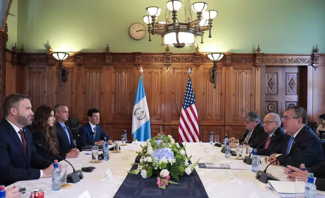 U.S. Homeland Security Secretary Kristi Noem, second from left, meets with Guatemalan President Bernardo Arevalo, right, at the National Culture Palace in Guatemala City, Thursday, June 26, 2025. (Anna Moneymaker/Pool photo via AP)