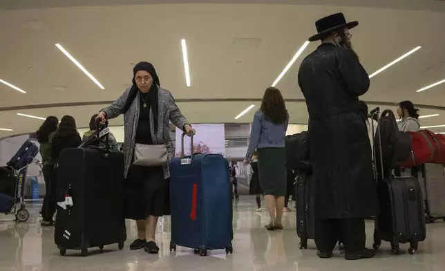 People carrying suitcase arrive from international flight at Newark Liberty International Airport, Monday, June 9, 2025, in New Jersey. (AP Photo/Yuki Iwamura)
