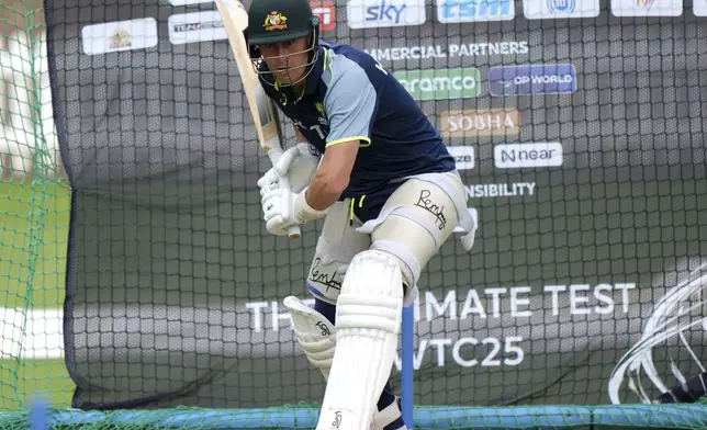 Australia's Marnus Labuschagne bats during a nets session at Lord's, London, Monday, June 9, 2025. (Ben Whitley/PA via AP)