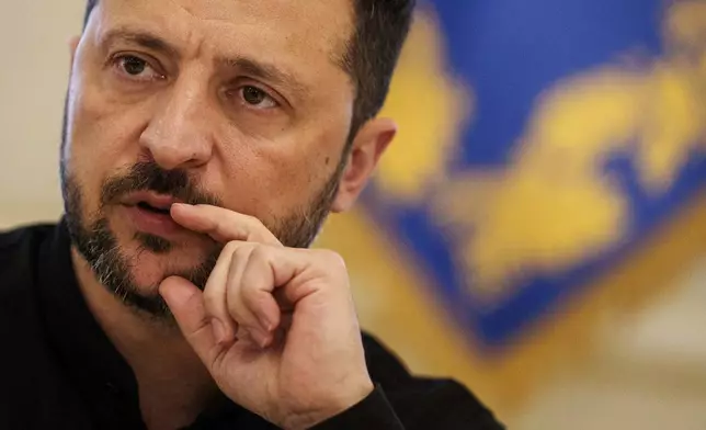 Ukrainian President Volodymyr Zelenskyy speaks to journalists during a press conference in Kyiv, Ukraine, on Wednesday, June 4, 2025. (AP Photo/Evgeniy Maloletka)