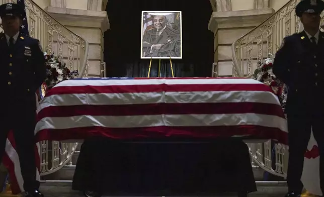 The casket of former Rep. Charles Rangel, D-N.Y., lies in state in the rotunda of New York's City Hall, Thursday, June 12, 2025. (AP Photo/Yuki Iwamura)