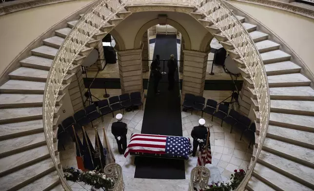 The casket of former Rep. Charles Rangel, D-N.Y., lies in state in the rotunda of New York's City Hall, Thursday, June 12, 2025. (AP Photo/Yuki Iwamura)