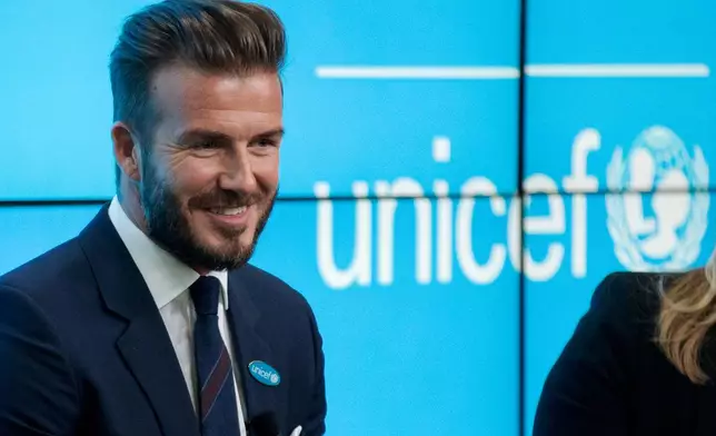 FILE - Former English national soccer team captain David Beckham speaks during a press conference to mark his 10 years as a goodwill ambassador for UNICEF and to launch '7' a new fund for children in danger across the globe in London, Monday, Feb. 9, 2015. (AP Photo/Matt Dunham, File)