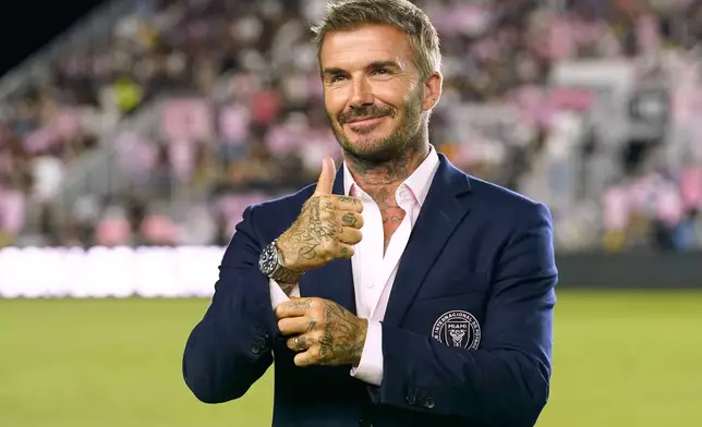 FILE - Inter Miami co-owner David Beckham gives the thumbs up before a Leagues Cup soccer match Adam Grinwis, Wednesday, Aug. 2, 2023, in Fort Lauderdale, Fla. (AP Photo/Lynne Sladky, File)