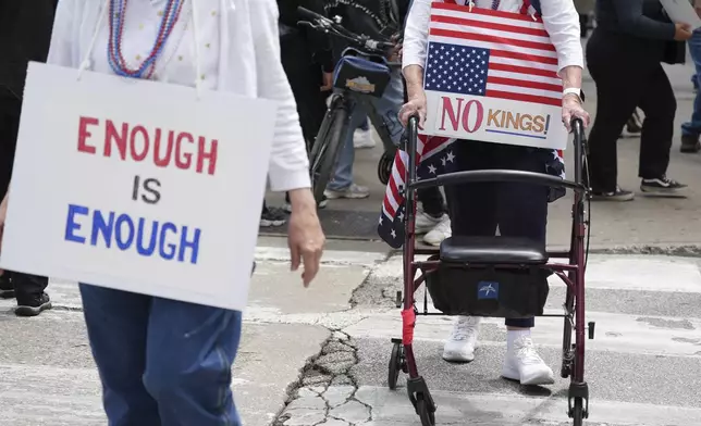 Demonstrators take part in the "No Kings Day" protest, Saturday, June 14, 2025, in Chicago. (AP Photo/Nam Y. Huh)