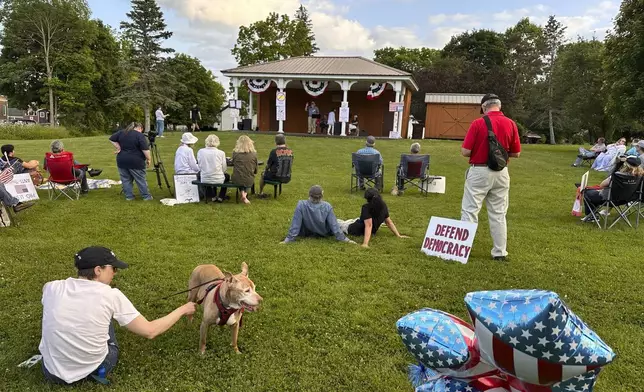 Residents of Lewis County, a traditional Republican stronghold, gather for a "No Kings" rally in Lowville, New York, on Saturday, June 14. (AP Photo/Cara Anna)