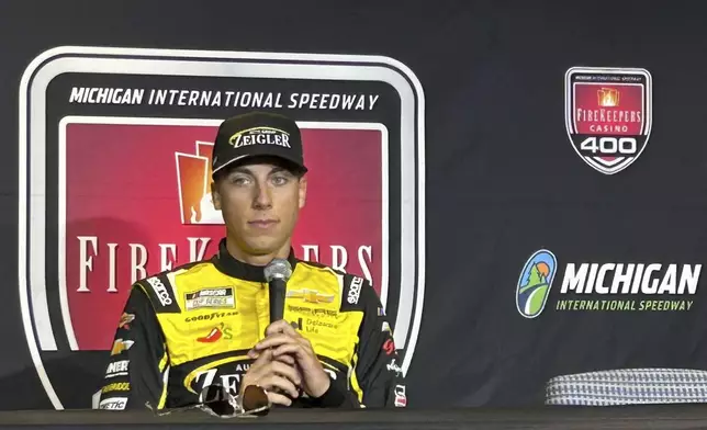 Driver Carson Hocevar attends a NASCAR press conference in Brooklyn, Michigan on Saturday, June 7, 2025. (AP Photo/Larry Lage)