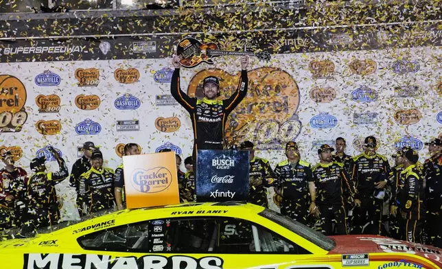 Ryan Blaney celebrates after winning a NASCAR Cup Series auto race Sunday, June 1, 2025, in Lebanon, Tenn. (AP Photo/George Walker IV)