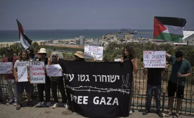People wave the Palestinian flag and hold signs in support of Greta Thunberg and other activists who tried to deliver aid to Gaza before their ship was seized and they were detained by Israeli forces, near the port of Ashdod, Israel, Monday, June 9, 2025. (AP Photo/Leo Correa)