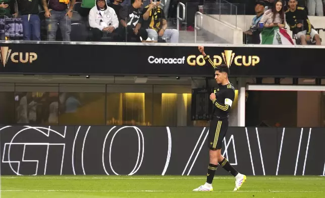 Mexico midfielder Edson Álvarez (4) celebrates his goal during the first half of a CONCACAF Gold Cup soccer match against the Dominican Republic, Saturday, June 14, 2025, in Inglewood, Calif. (AP Photo/Mark J. Terrill)