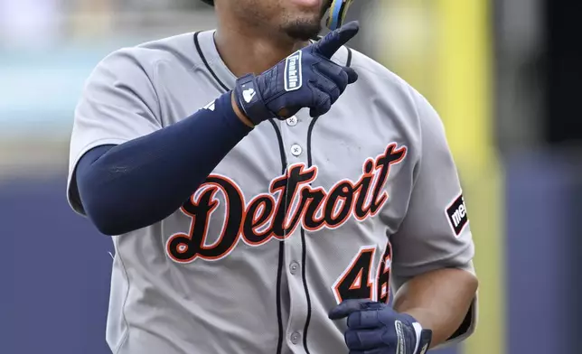 Detroit Tigers' Wenceel Pérez rounds the bases after hitting a two-run home run in the seventh inning of a baseball game against the Tampa Bay Rays, Sunday, June 22, 2025, in Tampa, Fla. (AP Photo/Jason Behnken)