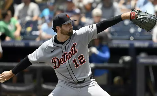 Detroit Tigers pitcher Casey Mize throws during the fifth inning of a baseball game against the Tampa Bay Rays, Sunday, June 22, 2025, in Tampa, Fla. (AP Photo/Jason Behnken)
