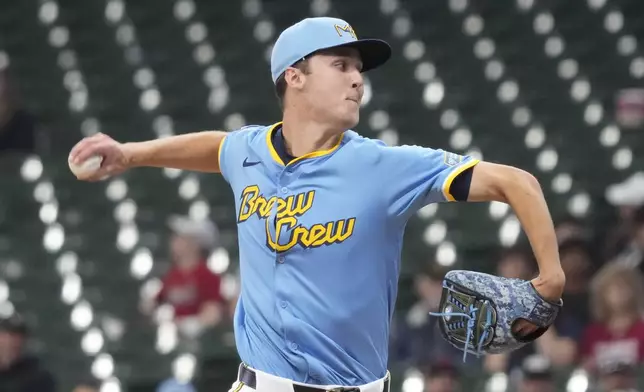 Milwaukee Brewers pitcher Jacob Misiorowski throws against St. Louis Cardinals' Lars Nootbaar as he makes his major league debut during the first inning of a baseball game Thursday, June 12, 2025, in Milwaukee. (AP Photo/Kayla Wolf)