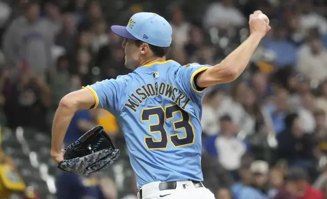 Milwaukee Brewers pitcher Jacob Misiorowski throws his first strikeout, against St. Louis Cardinals' Willson Contreras, as he makes his major league debut during the second inning of a baseball game Thursday, June 12, 2025, in Milwaukee. (AP Photo/Kayla Wolf)