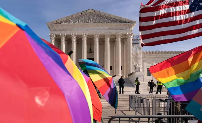 FILE - Transgenders rights supporters rally outside of the Supreme Court, Dec. 4, 2024, in Washington. (AP Photo/Jose Luis Magana, File)