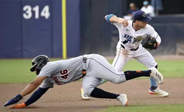 Detroit Tigers' Wenceel Pérez (46) is safe at second base as Tampa Bay Rays shortstop Taylor Walls (6) throws to first during the eight inning of a baseball game Saturday, June 21, 2025, in Tampa, Fla. (AP Photo/Jason Behnken)