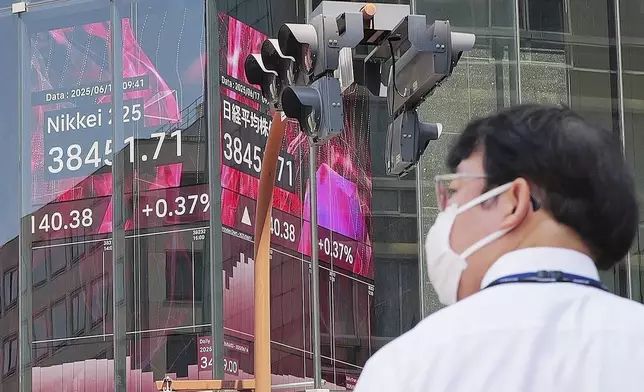 A person walks in front of an electronic stock board showing Japan's Nikkei index at a securities firm Tuesday, June 17, 2025, in Tokyo. (AP Photo/Eugene Hoshiko)