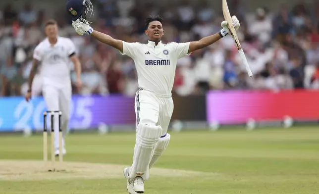 India's Yashasvi Jaiswal celebrates after scoring a century during the play on day one of the first cricket test match between England and India at Headingley in Leeds, England, Friday, June 20, 2025, (AP Photo/Scott Heppell)