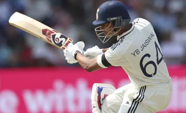 India's Yashasvi Jaiswal bats on day one of the first cricket test match between England and India at Headingley in Leeds, England, Friday, June 20, 2025, (AP Photo/Scott Heppell)