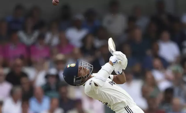 India's Yashasvi Jaiswal bends to avoid a rising delivery on day one of the first cricket test match between England and India at Headingley in Leeds, England, Friday, June 20, 2025, (AP Photo/Scott Heppell)