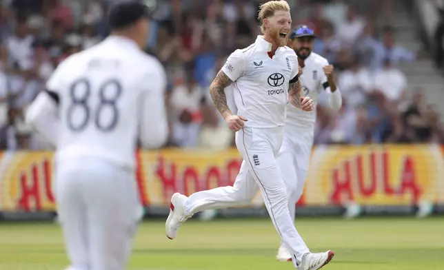 England captain Ben Stokes celebrates the dismissal of India's Sai Sudharsan on day one of the first cricket test match between England and India at Headingley in Leeds, England, Friday, June 20, 2025, (AP Photo/Scott Heppell)