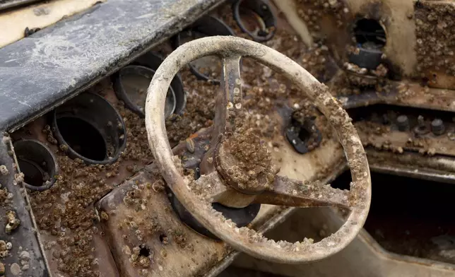 A steering wheel of an abandoned ship is covered in barnacles on Wednesday, June 4, 2025, in Olympia, Wash. (AP Photo/Jenny Kane)