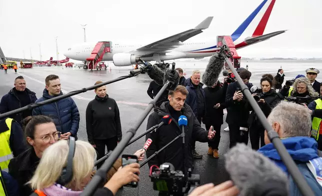 French President Emmanuel Macron arrives at Nuuk Airport in Nuuk, Greenland, on Sunday, June 15, 2025. (Mads Claus Rasmussen/Scanpix via AP)